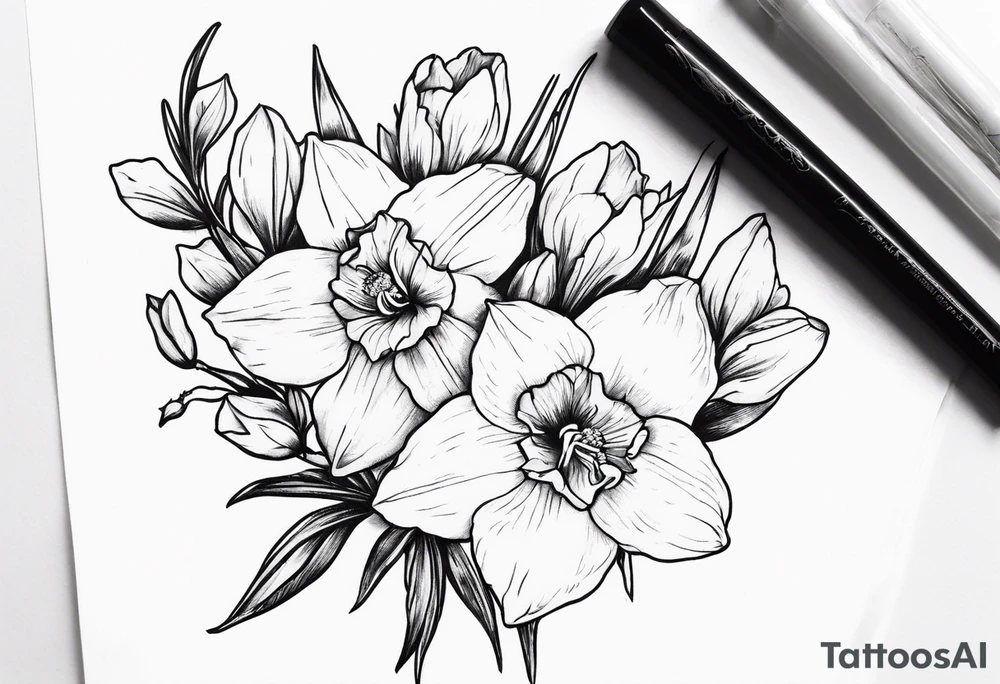 Larkspur flower and narcissus flower bouquet tattoo idea
