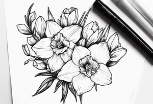 Larkspur flower and narcissus flower bouquet tattoo idea