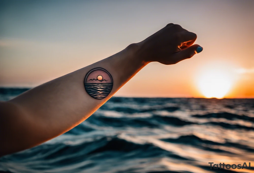 This is an extremely simple and minimalistic tattoo on forearm from the perspective of being on the ocean at sunset. Water is calm, with no waves, the sun is setting behind the ocean, reflecting light onto the ocean. tattoo idea