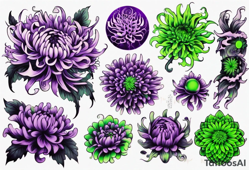 chrysanthemum Sleeve purple and neon green tattoo idea