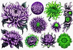 chrysanthemum Sleeve purple and neon green tattoo idea