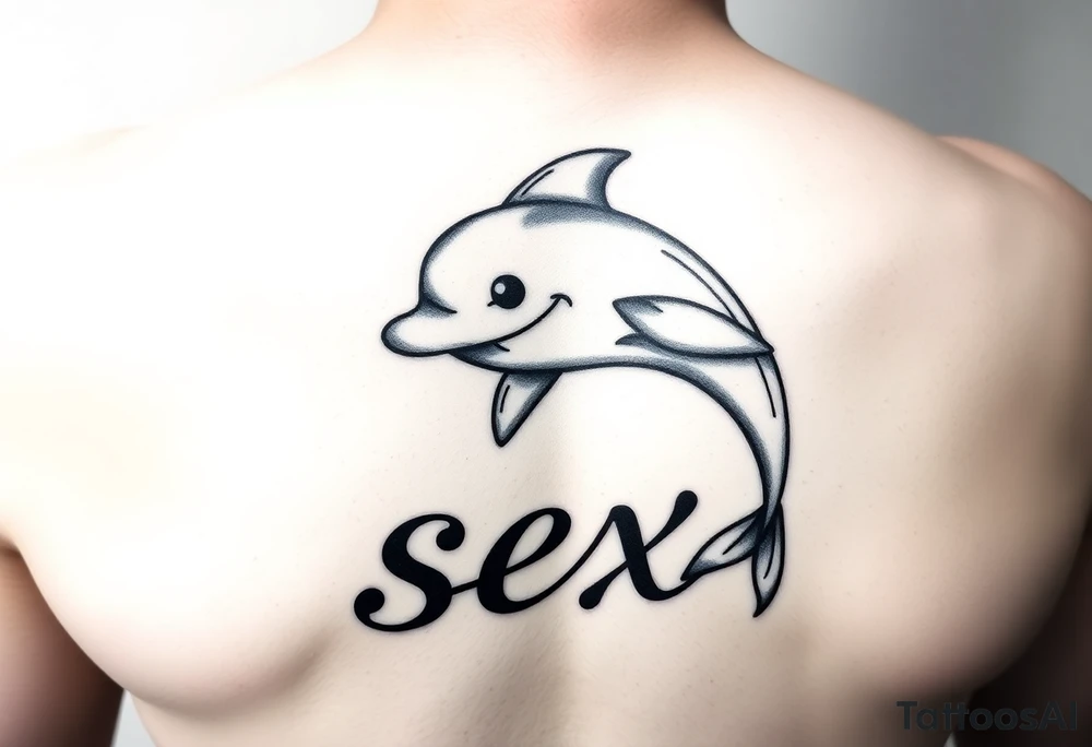 Cartoon dolphin with a mischievous face and the word sex tattoo idea