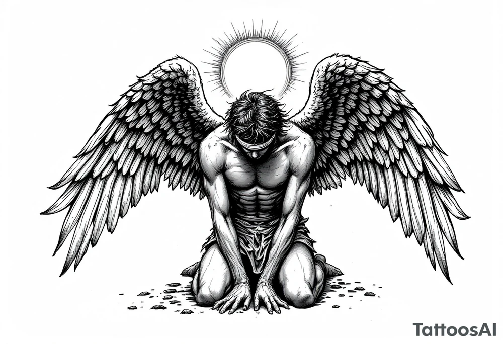 fallen angel on knees down head lookingground, 
Blindfold,
While his grateful half opened wings scattered in the sky,
With shining halo tattoo idea