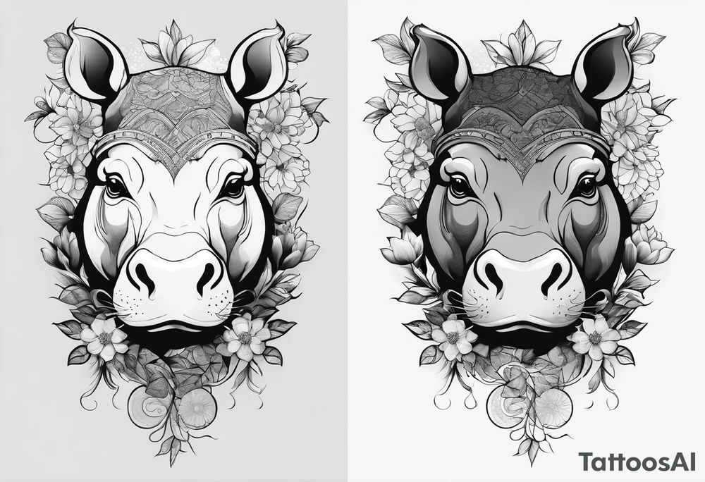 Asymmetrical, geometric, chinese ink art touch, hippo , full moon, wintersweet flower, light , modify from my favourite, s-shape tattoo idea