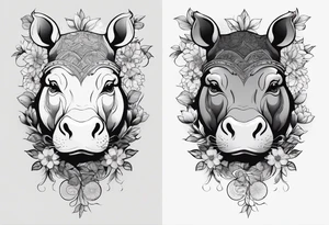 Asymmetrical, geometric, chinese ink art touch, hippo , full moon, wintersweet flower, light , modify from my favourite, s-shape tattoo idea