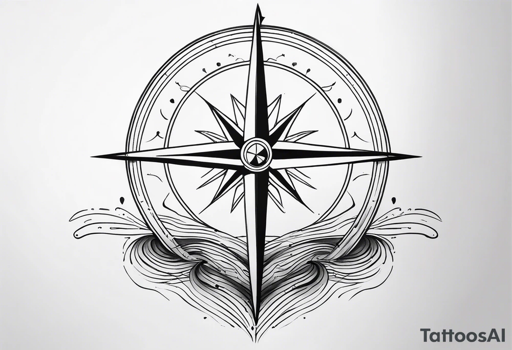 Compass with wAVES on mid back female elongated tattoo idea