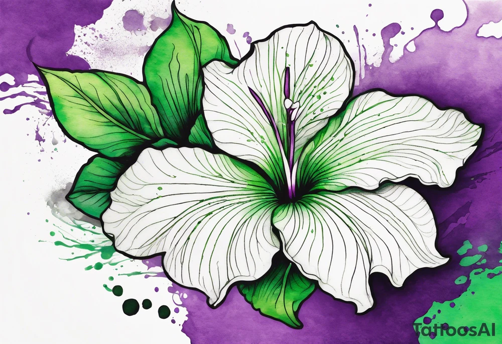 An outline of a green and purple rio dipladenia flower with a mystical green/purple watercolor splash in the background tattoo idea