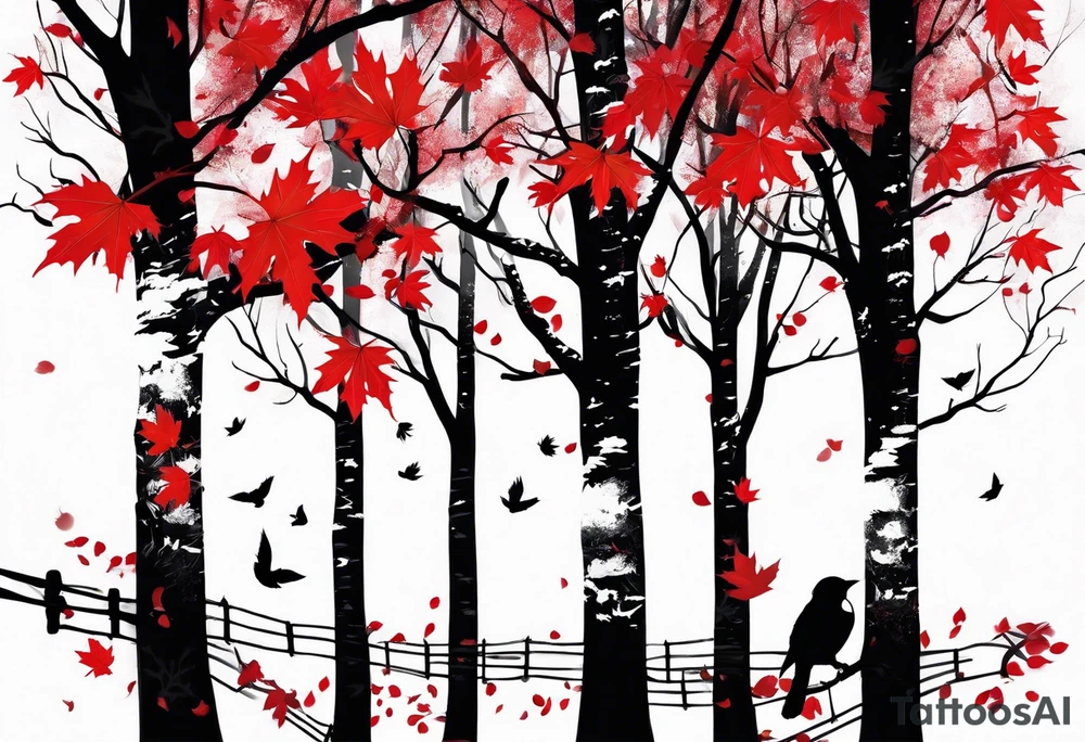 trash polka style. Arm tattoo. chest tattoo. Long tattoo. large tattoo. Full sleeve. Shoulder. A single large maple tree with red autumn leaves that branches upwards from wrist to shoulder. White-throated dipper bird on the trees branches. Calluna flowers at the base of the trees stem. Leaves falling. tattoo idea