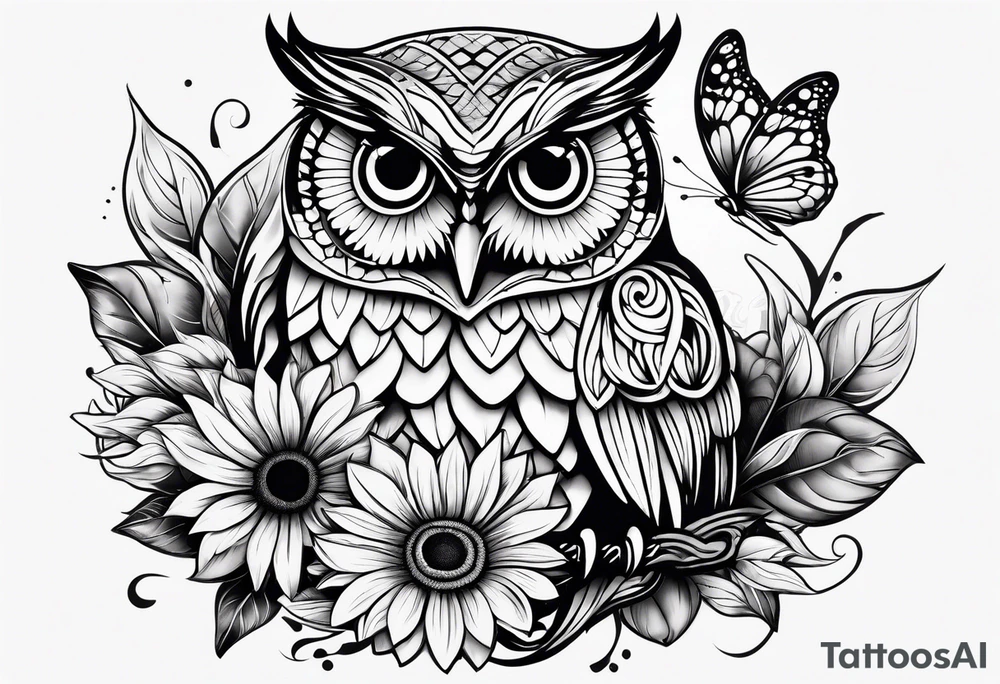 Owl with butterfly and sunflower tattoo idea