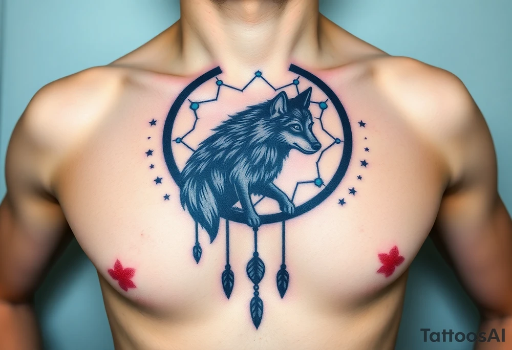 A wolf’s silhouette within a dreamcatcher, with stars scattered across the background. The wolf is shaded in black and gray, and the dreamcatcher is deep indigo with teal accents tattoo idea