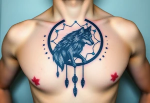 A wolf’s silhouette within a dreamcatcher, with stars scattered across the background. The wolf is shaded in black and gray, and the dreamcatcher is deep indigo with teal accents tattoo idea