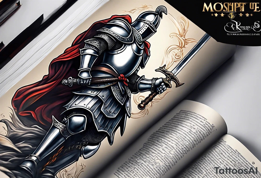 a knight pulling a sword out of an open bible tattoo idea