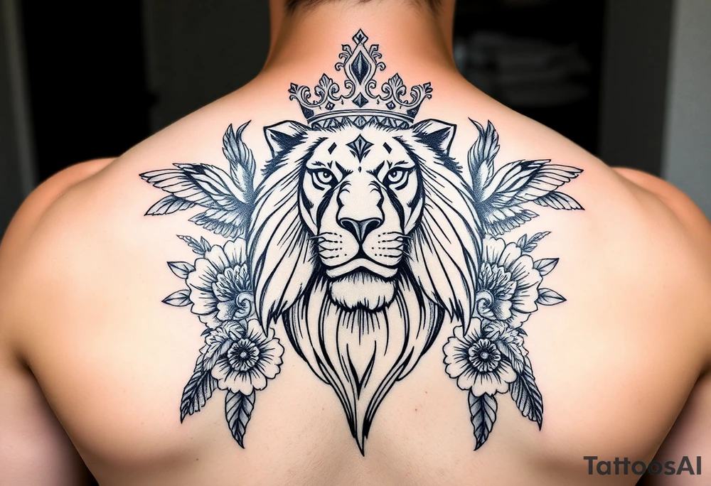 powerful majestic lion with a crown, surrounded by floral ornaments and birds tattoo idea