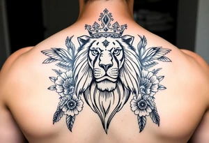 powerful majestic lion with a crown, surrounded by floral ornaments and birds tattoo idea