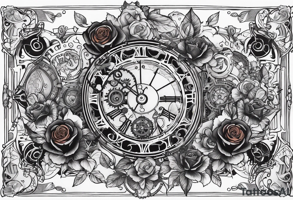 Sleeve with steampunk design with roses, warriors, mechanicals and fire tattoo idea