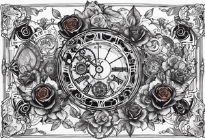 Sleeve with steampunk design with roses, warriors, mechanicals and fire tattoo idea