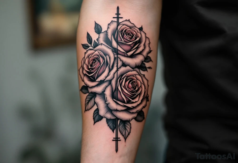 Three Big roses, with a cross outline in the middle tattoo idea