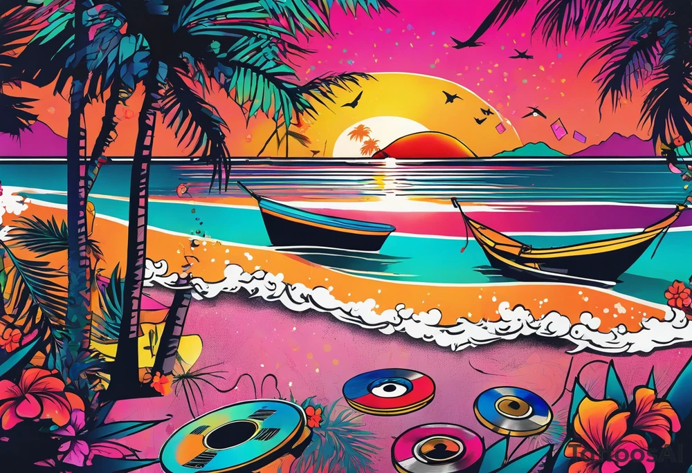 1980's miami vice style beach dance 
party, include confetti, music notes, boom box, bikinis sunset in the center tattoo idea