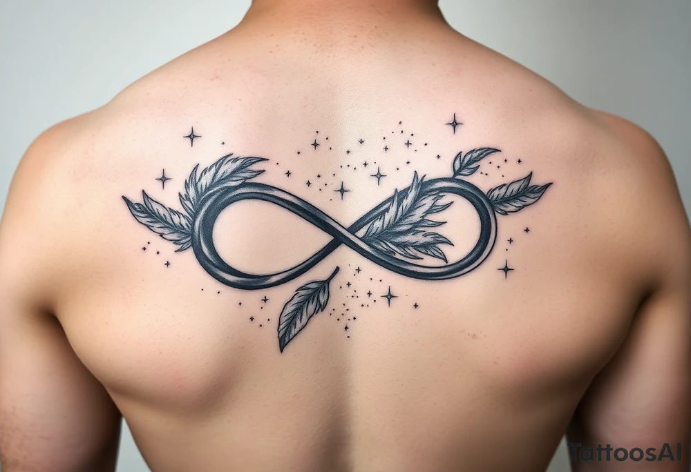 infinity symbol woven with floating feathers and stardust tattoo idea
