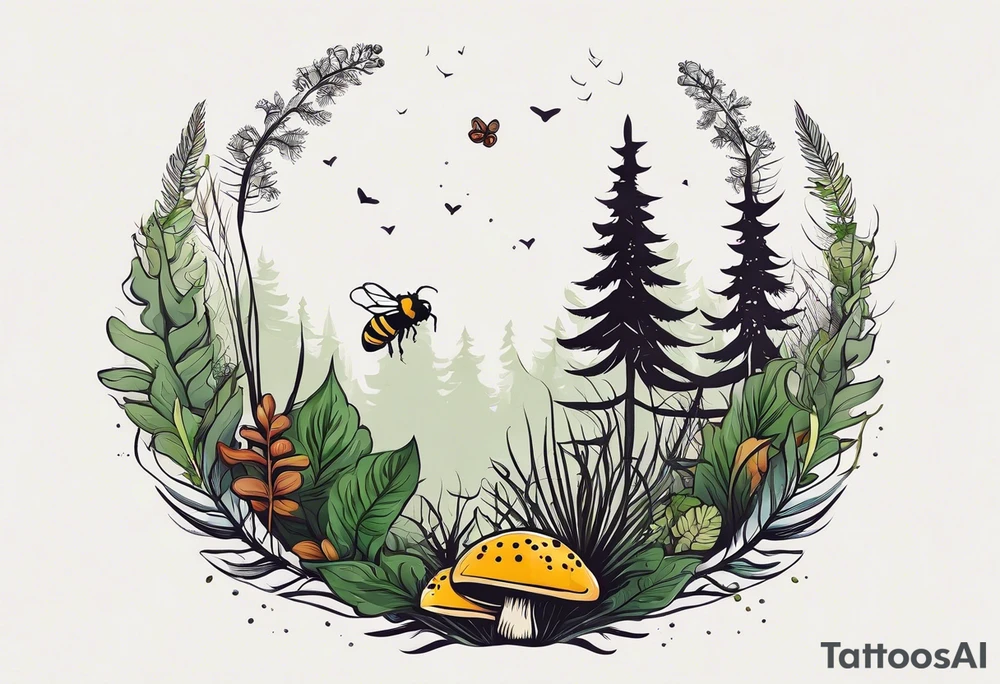 forest floor inspired minimalist tattoo, which includes grass, curly ferns, moss and dead leaves as the bulk of the tattoo. details to include: forest berries, a tiny bumblebee flying nearby, three small brown mushrooms
Generate a vertically long one tattoo idea