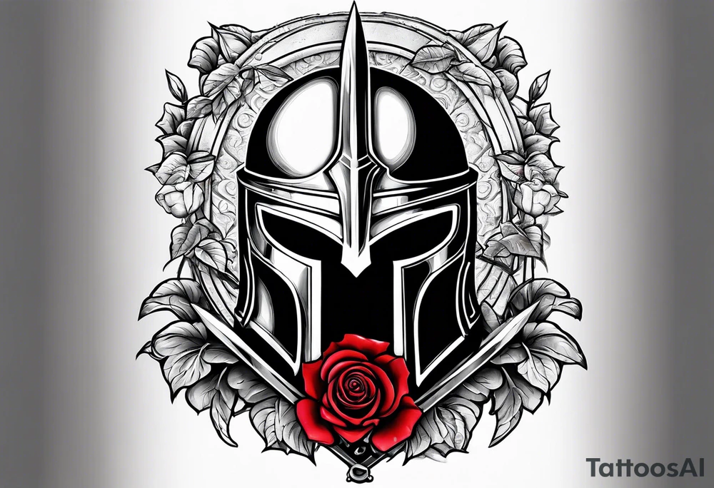 A miniature image of a Spartan helmet and a medieval sword with a rose. tattoo idea