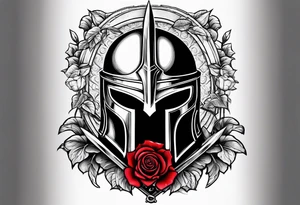 A miniature image of a Spartan helmet and a medieval sword with a rose. tattoo idea