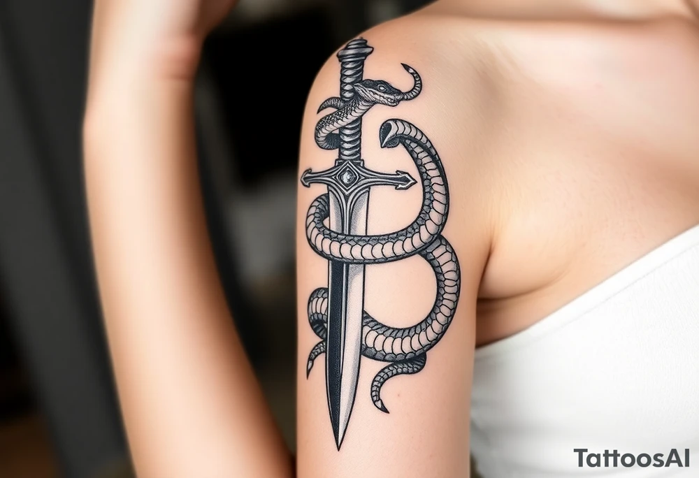 mystical snake coiled around an ancient dagger with jeweled hilt tattoo idea