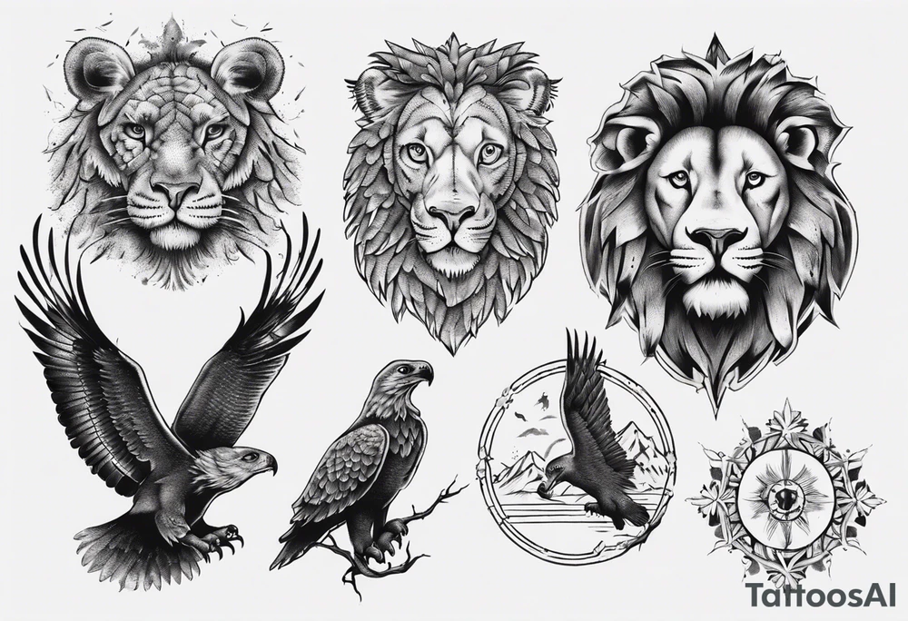 Adler und Löwe je halbseitig zusammengefügt tattoo idea