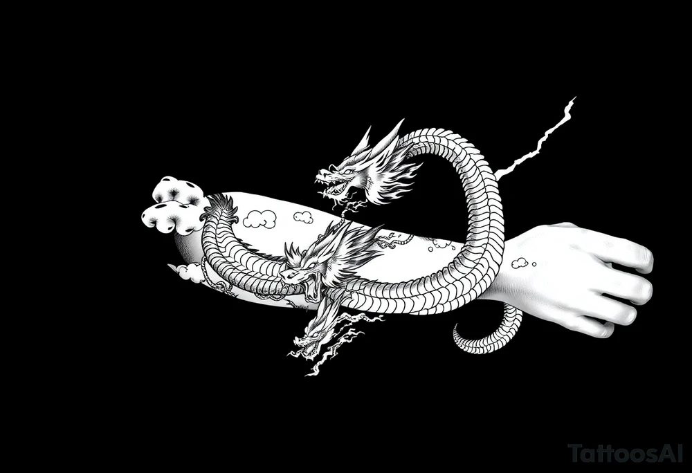 storm clouds and lightning mixed throughout, eastern dragon wrapping around the arm with head at the inside wrist, tattoo idea