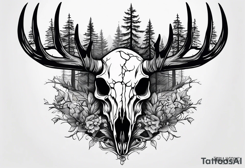 scary side view of a DECAYING deer skull JUST BONE surrounded by a forest fire in background tattoo idea