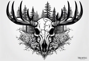 scary side view of a DECAYING deer skull JUST BONE surrounded by a forest fire in background tattoo idea