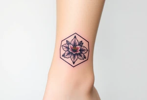 Faint Hexagon with astrological sign for Leo, larkspur and water lilies in the center tattoo idea