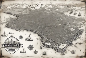 A overview old school map of vancouver B.C with water drop staining and major roadways highlighted with honeycomb tattoo idea