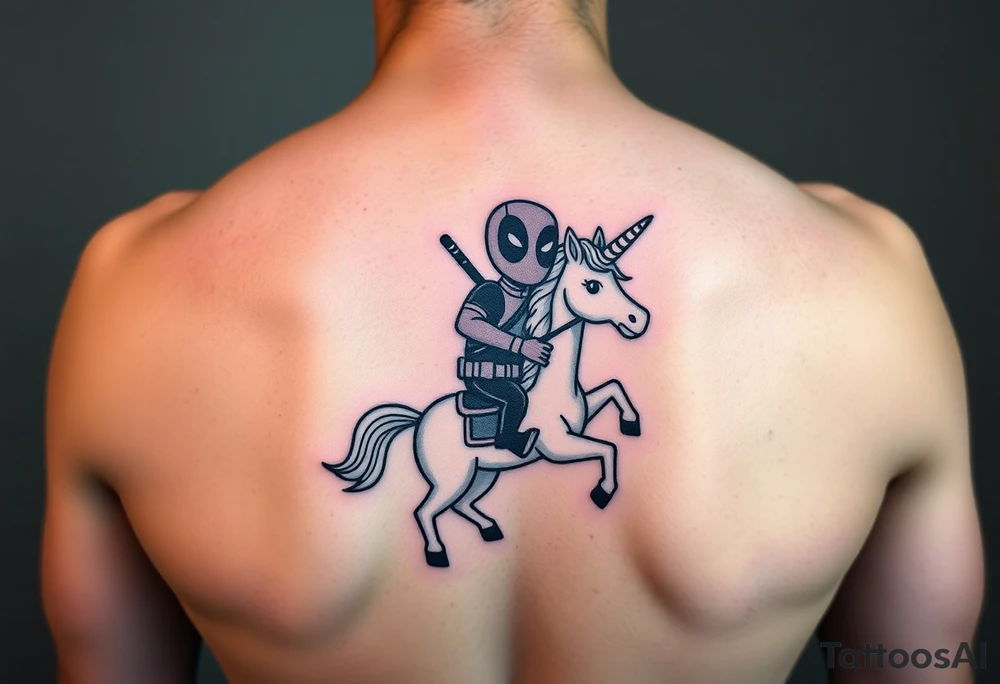Deadpool riding unicorn holding rocket tattoo idea