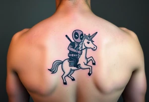 Deadpool riding unicorn holding rocket tattoo idea