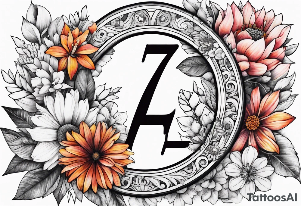 The number seven surrounded by colorful flowers tattoo idea