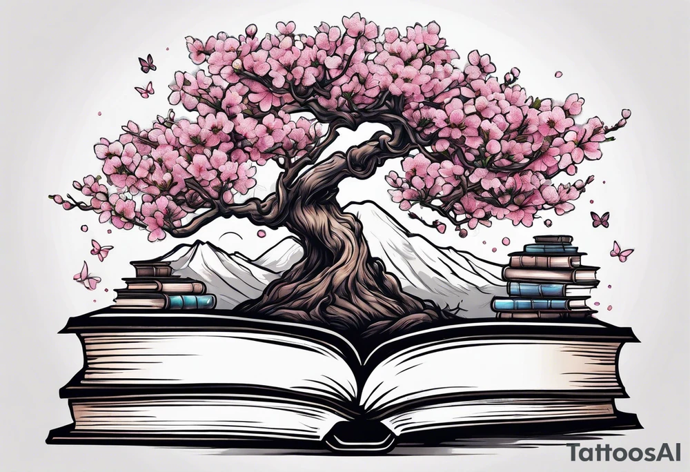 Cherry blossom tree growing out of a stack of books tattoo idea