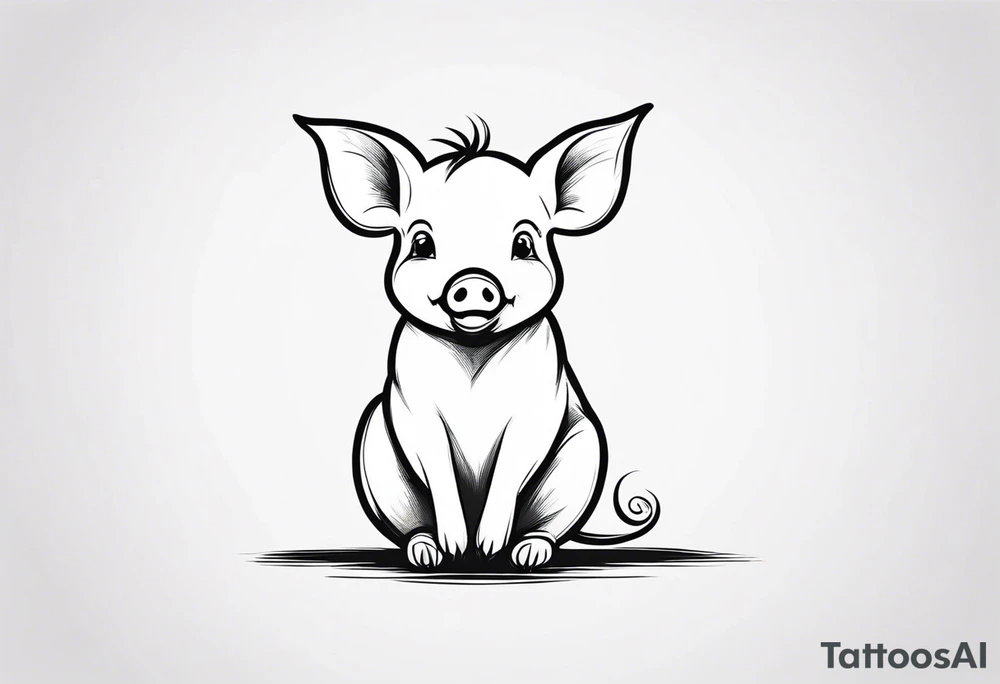 cute simple piglet sitting on bum. big eyes, small/floppy ears. thin lines minimal shading, black and white only, with text "friends not food", white background tattoo idea