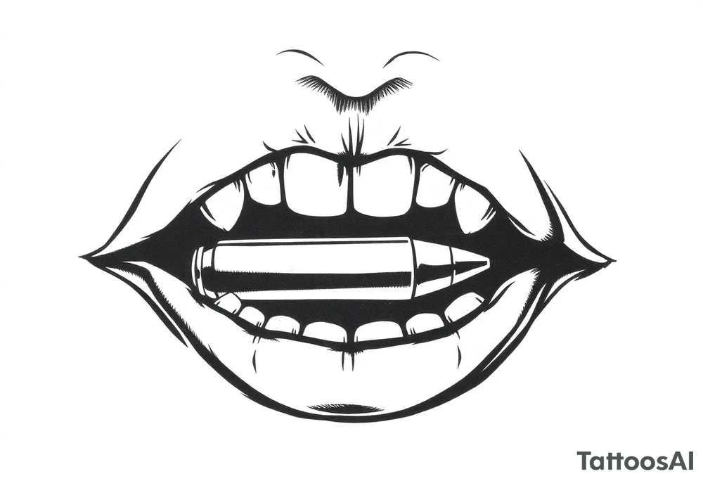 A set of lips snarling with 50cal round between teeth tattoo idea