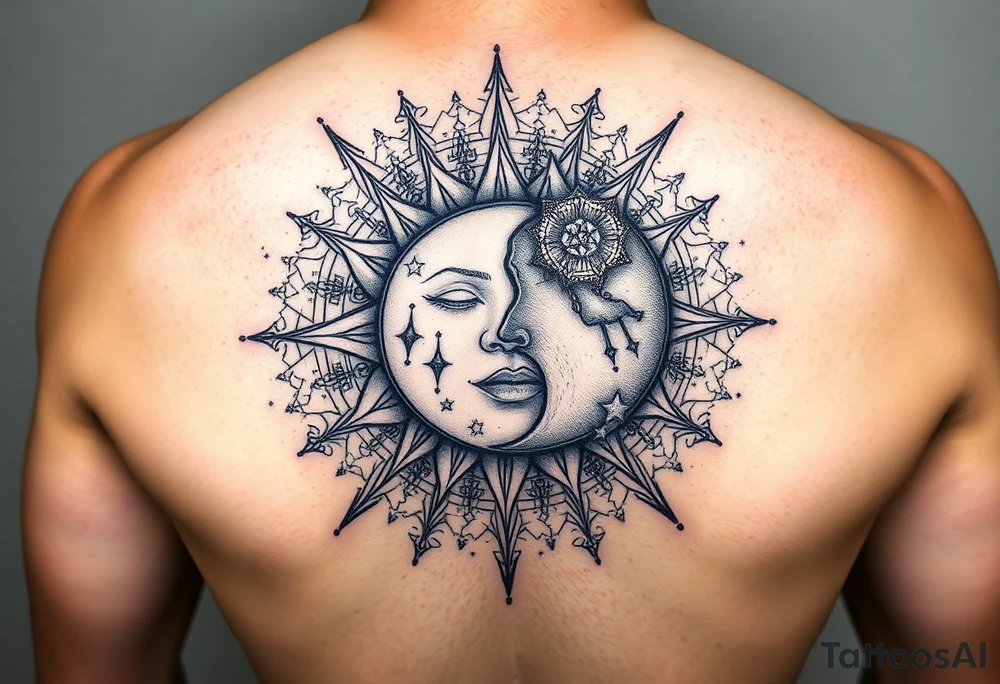celestial sun and moon embrace with constellation patterns tattoo idea