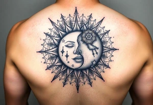 celestial sun and moon embrace with constellation patterns tattoo idea