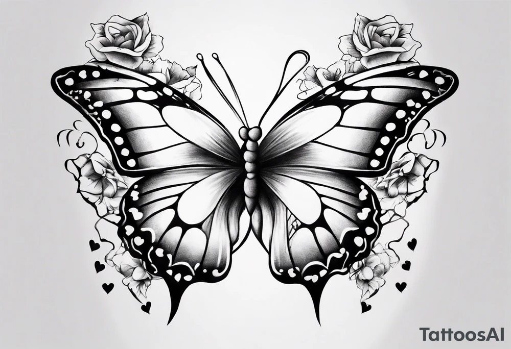 Butterfly with hearts, Layla Jones and 4ever and always designed in the wings tattoo idea