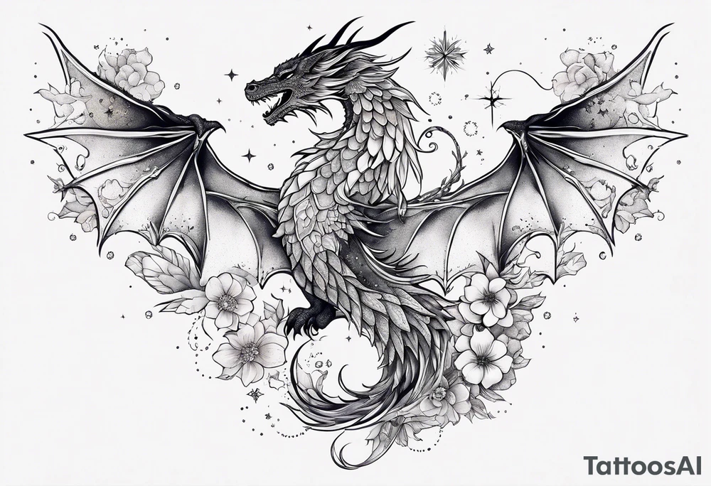 Constellation, wing , snow , cross , dragon female japan kawaii , flower tattoo idea
