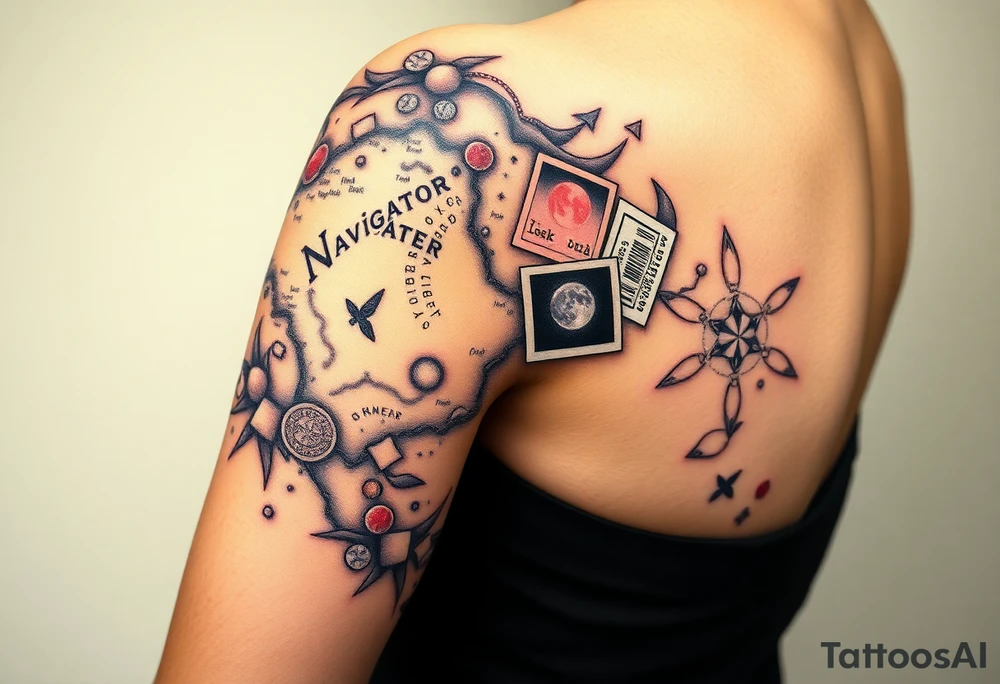 Navigator map with torn/burnt edges, with polaroids, coins, and show tickets tattoo idea