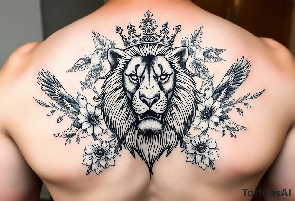 powerful majestic lion with a crown, surrounded by floral ornaments and birds tattoo idea