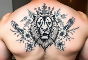 powerful majestic lion with a crown, surrounded by floral ornaments and birds tattoo idea