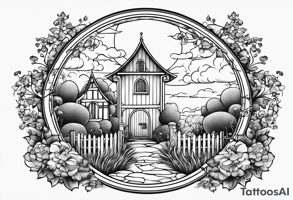 night medieval town garden small houses gate entrance
in circle vignette surrounded by clouds floral tattoo idea