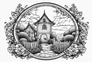 night medieval town  garden small houses gate entrance 
 in circle vignette surrounded by clouds floral tattoo idea