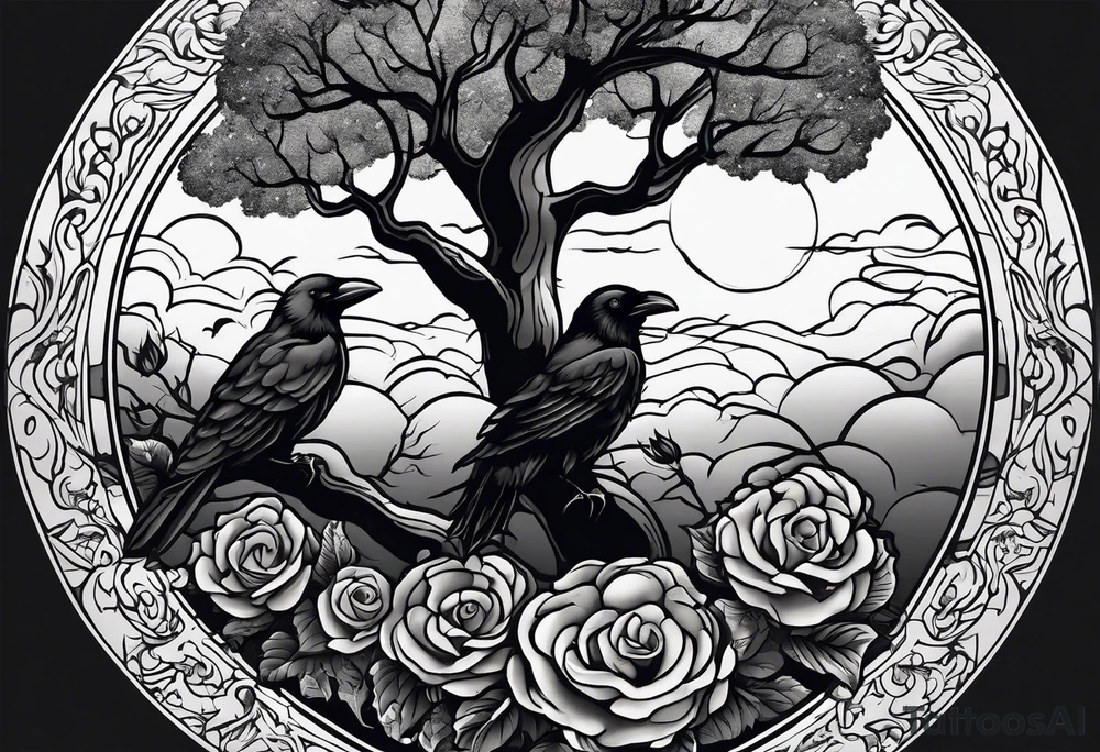 A lightening stormy night with a tree of life, a rose garden, and a raven in the sky tattoo idea
