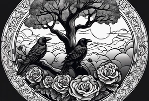 A lightening stormy night with a tree of life, a rose garden, and a raven in the sky tattoo idea